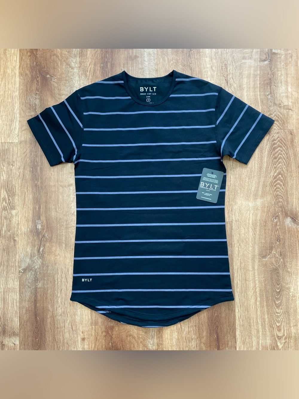 BYLT Basics T-Shirt Mens Small Drop Cut Lux Black Striped Short Sleeve Gym